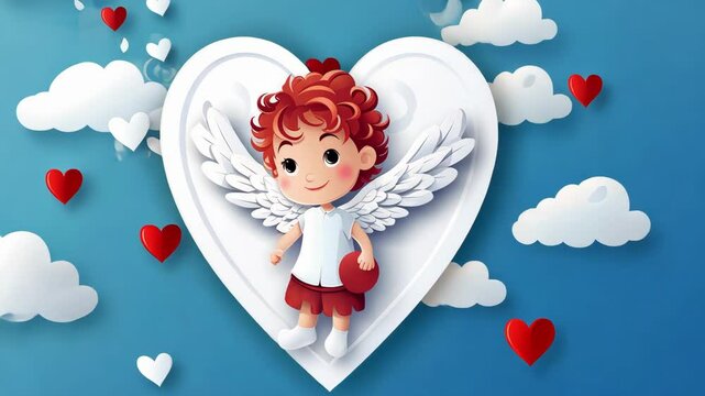 A cupid boy with wings on background of a heart and clouds. The concept for Valentines Day.