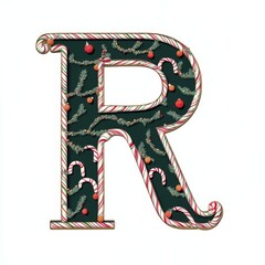 Festive Candy Cane Letter R with Christmas Ornaments