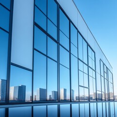 Modern Office Building Exterior with Glass Facade Reflecting Cityscape on a Clear Day