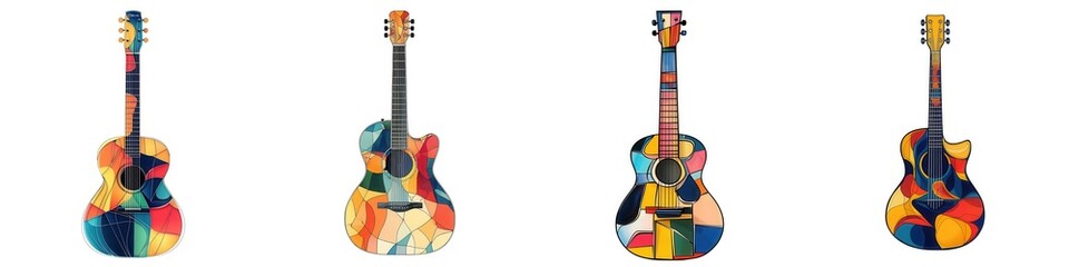 Naklejka premium Watercolor Music Theme A collection of colorful acoustic guitars displaying vibrant artistic designs on a white isolated background.
