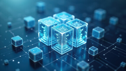 3D rendering of a network with blue digital cubes on a dark background.