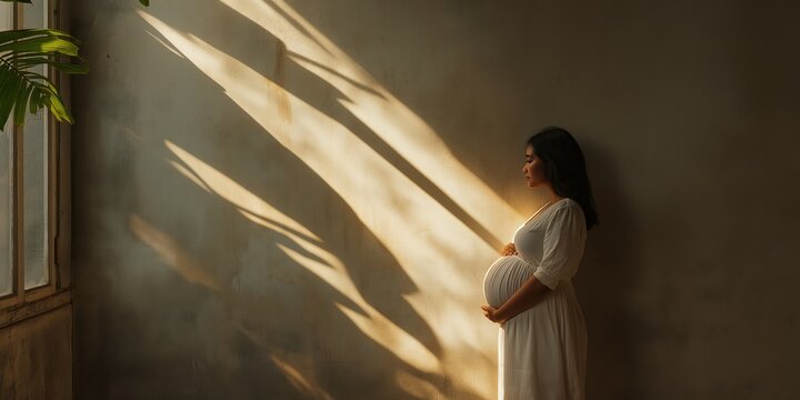 A pregnant Asian woman looking at herself in a long tall mirror and thinking of the future