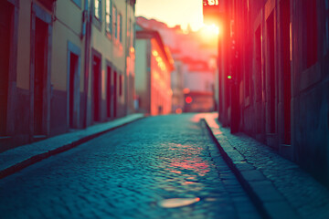 Fototapeta premium A glowing cobblestone street illuminated by warm sunset light in a peaceful, colorful quiet town evoking nostalgia and charm 