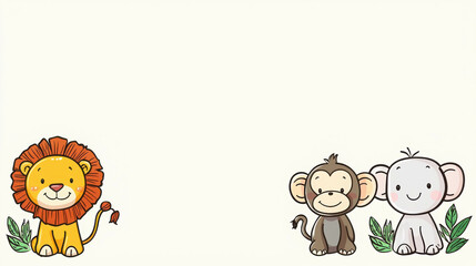 Cute Jungle Friends: A playful and adorable illustration of a lion, monkey, and elephant, perfect for children's books, cards, or any project needing a touch of jungle charm. 
