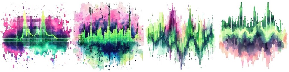 Watercolor Music Theme Vibrant sound wave graphics in hues of pink, green, and blue, showcasing dynamic audio visualization, perfect for music or technology themes.