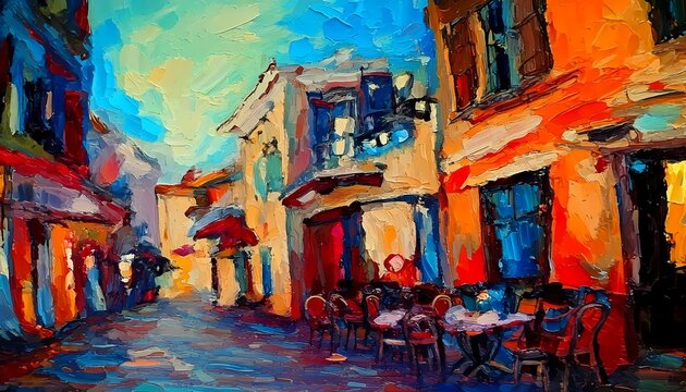 Oil painting depicting a beautiful street with colorful cafes with chairs. Vivid illustration in impasto style, thick strokes. For packaging and poster, city background design