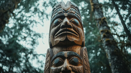 Ancient Totem in Pacific Northwest Forest 