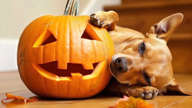 Halloween Pumpkin and Dog - a delightful and festive autumn scene. The cheerful dog beside the pumpkin adds a playful touch to the Halloween spirit.
