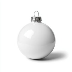 A glossy white Christmas ornament is displayed against a plain background, representing holiday decor and seasonal cheer in a classic, minimalist style.