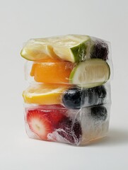 A stack of frozen blocks containing lime, lemon, orange, and berries, showcasing a refreshing blend of vibrant fruits in translucent icy layers.