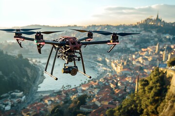 Drone capturing aerial view of city landscape at sunset