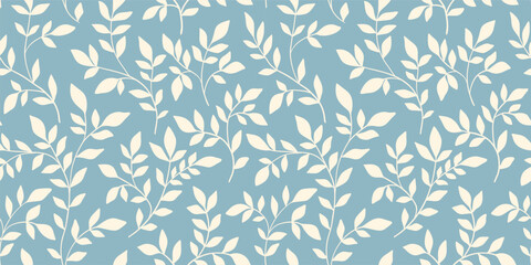 Seamless botanical pattern, abstract ornament of simple hand drawn silhouettes of plants. Floral print, small white branches, tiny leaves, foliage on blue background. Vector illustration in two colors