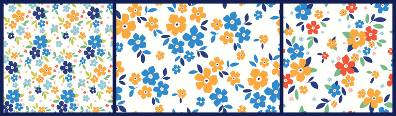 Seamless floral pattern, liberty ditsy print, abstract ornament in folk motif. Simple botanical design: small hand drawn flowers, blue daisies, tiny leaves, bouquets on white. Vector illustration.