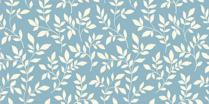 Seamless botanical pattern, abstract ornament of simple hand drawn silhouettes of plants. Floral print, small white branches, tiny leaves, foliage on blue background. Vector illustration in two colors