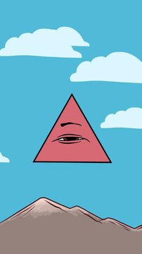 El ojo que todo lo ve flotando en el cielo. S&iacute;mbolo que puede representar a Dios o al gran arquitecto de la masoner&iacute;a. Video vertical estilo caricatura