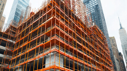 A large scale construction site featuring modern building framework with vibrant orange scaffolding amidst towering skyscrapers. scene captures dynamic energy of urban development