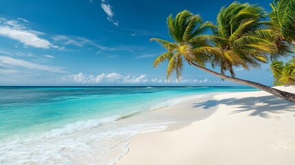 A tropical beach with white sand and palm trees bending over the water