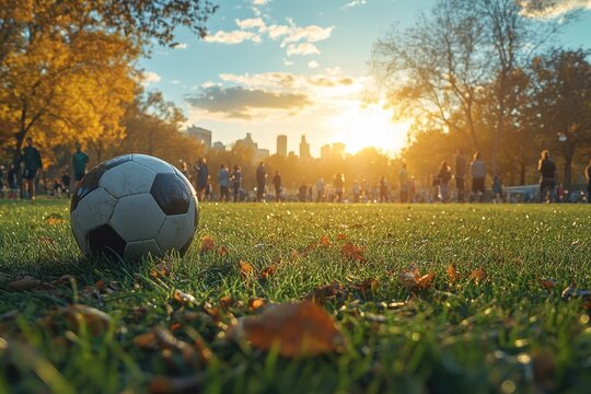 Youth soccer game at sunset in a city park with autumn leaves scattered on the ground