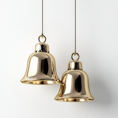 A pair of shiny and polished gold bells hang elegantly, symbolizing the joyous sounds of Christmas celebrations, with a sleek and classic design for decoration.