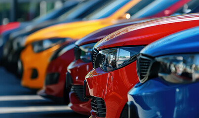 Fototapeta premium row of cars in parking lot, showing front headlights and grills, with cars in various bright colors, giving feeling of excitement and fun