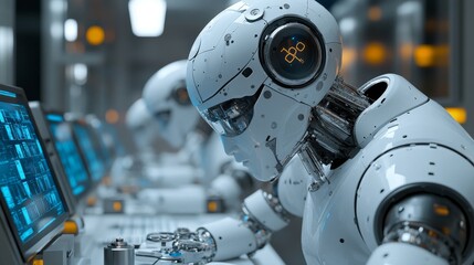 Fototapeta premium Futuristic robots working on advanced technology in a high-tech environment