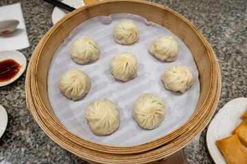 Hot steamed dumpling. Dumpling with shumai dim sum, Chinese cuisine.