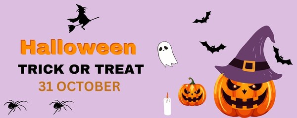 Obraz premium Happy Halloween Background with Pumpkin Jack-O'-Lantern, Witch Hat, Ghosts, and Spooky Decorations. Perfect for Trick or Treat Celebrations, Holiday Parties, and October 31st Festivities