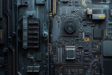 Fototapeta premium Close-up of a Circuit Board with Microchips and Components