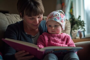 Obraz premium A woman is reading a book to a baby