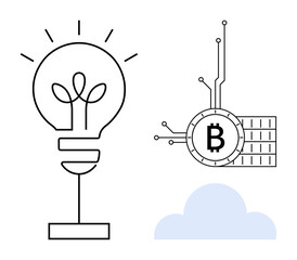 A lightbulb and Bitcoin symbol next to a cloud, representing innovation, cryptocurrency, and tech advancements. Ideal for tech innovation, fintech, cryptocurrency education, cloud technology