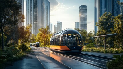 Obraz premium Modern tram travels through an urban landscape with greenery and skyscrapers