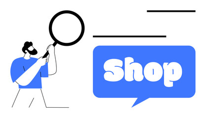 Man holding magnifying glass next to blue speech bubble with the word Shop. Ideal for shopping themes, online stores, marketing, customer search, and retail promotions. Simple cartoon style