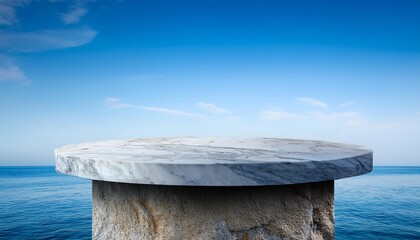 Fototapeta premium Serene seascape with a minimalist marble podium, creating a perfect setting for product displays