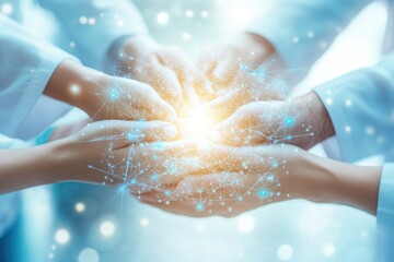 Collaborative creation of light energy through hands united in a bright, abstract setting