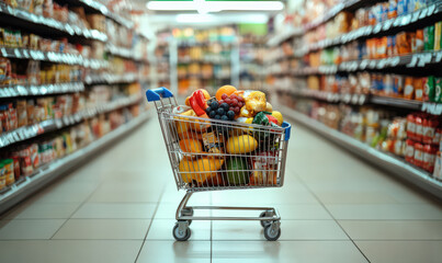 shopping cart full of fresh produce in grocery store aisle