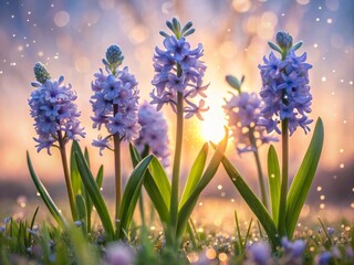 Obraz premium Elegant hyacinths sway gently in morning dew, capturing nature’s beauty in long exposure. Soft pastel hues create a serene garden scene filled with tranquility.