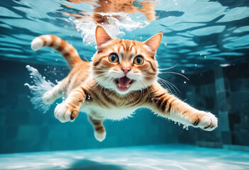 Cute, happy cat dived and swims underwater in the pool
