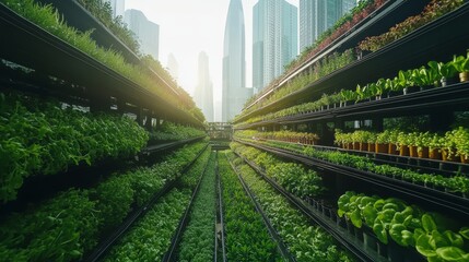 Urban garden with skyscrapers and sunlight creating a vibrant atmosphere