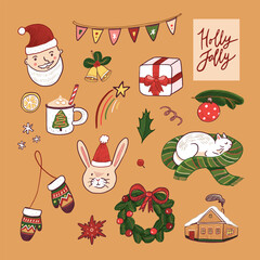 Hand drawn Christmas and New Year doodles set. Vector illustration.