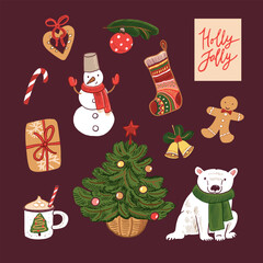 Hand drawn Christmas and New Year doodles set. Vector illustration.