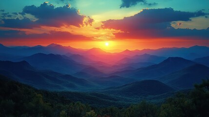 Fototapeta premium Majestic mountain silhouettes framed by a vibrant sunset sky, evoking tranquility and the beauty of nature's transitions