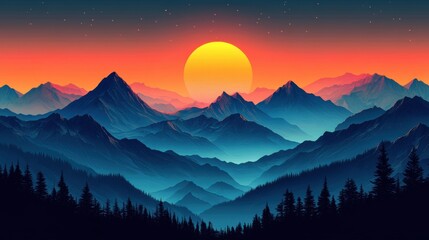 Fototapeta premium Layered mountain silhouettes under a vibrant sunset sky, creating a striking contrast of colors and shapes in a breathtaking landscape.
