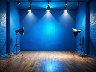 Empty blue studio with wooden flooring and spotlights creates an inspiring low-light environment ideal for creative spaces, photography backdrops, art studios, and artistic endeavors.