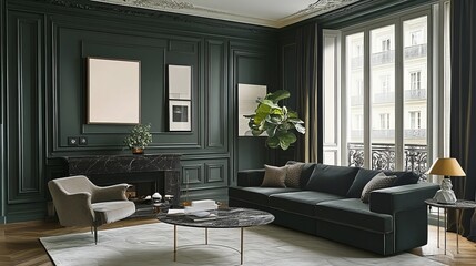 Elegant Living Room Interior with Green Sofa, Armchair, Coffee Table, Green Walls, and Fireplace.