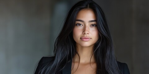 A portrait of a young businesswoman with long dark hair