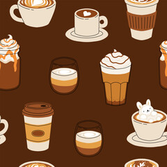 Seamless pattern of Coffee Cups with Latte Art Patterns Front View. Cute rabbit, Flower and Heart foam shapes. Cafe Bar or Coffee House Graphics. Vector Illustration, Icons