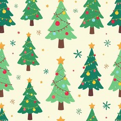 Fototapeta premium seamless pattern of Christmas trees decorated with colorful baubles stars garlands lights against light cream background. wrapping paper design, fabric print, wallpaper, gift tags and labels concept.
