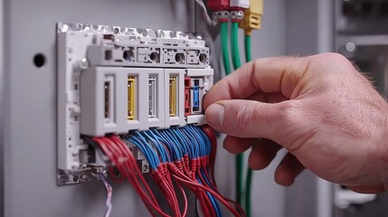 Electrician connecting wires in a control panel during a maintenance check