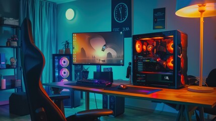 Neon Lit Gaming Setup With a Futuristic Desktop Wallpaper
