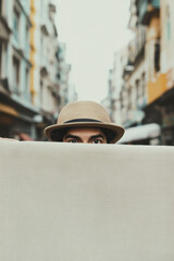 A curious person wearing a hat peeps over a white cloth on a bustling city street, creating a sense of mystery and intrigue against a blurred urban backdrop.